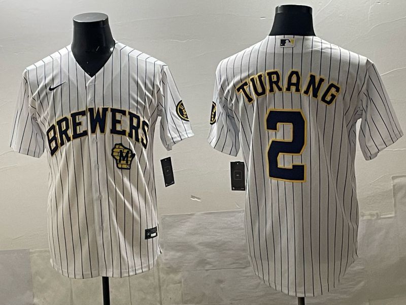 Men 2025 Milwaukee Brewers #2 Turang White Stripe 2025 Nike MLB Jersey 018->milwaukee brewers->MLB Jersey